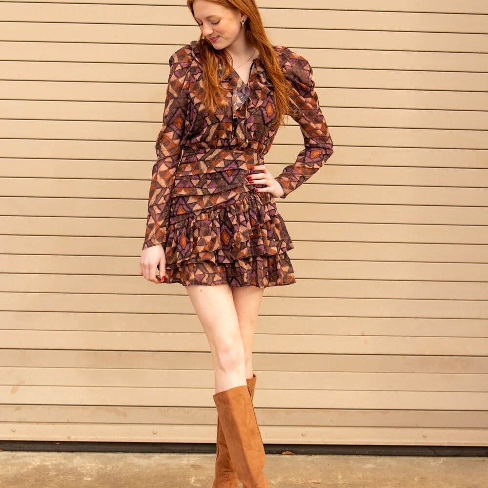 Olivaceous Ruffle Long Sleeve Dress-Brown
